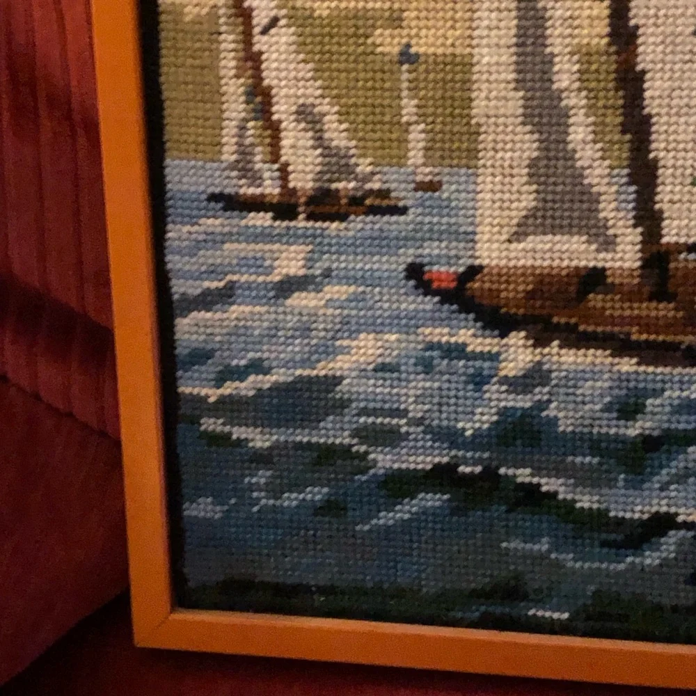 Handcrafted Sailboat Needlepoint Wall Art in Blue and Cream GORGEOUS
